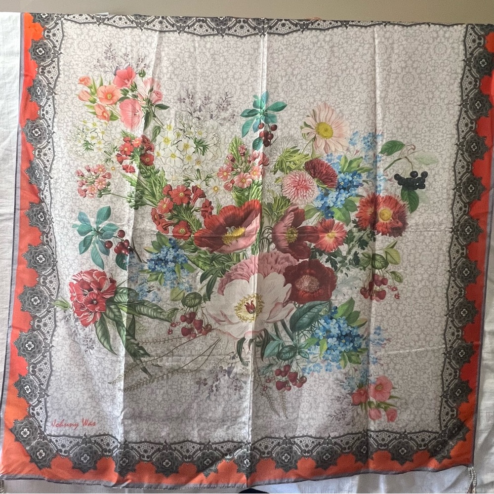 Johnny Was Vibrant Floral Scarf with Orange and Grey Border Tassels on Corners - Picture 2 of 9